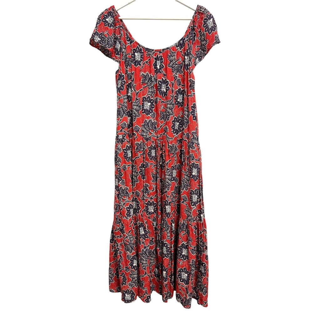 Knox Rose Tiered Midi Dress Women Size M Red Floral Boho Short Sleeve Peasant